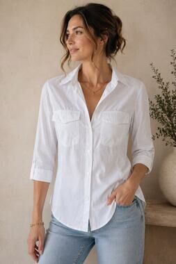 James Perse Standard White Supima Cotton Button Front Shirt 3/4 Sleeve Sz 1